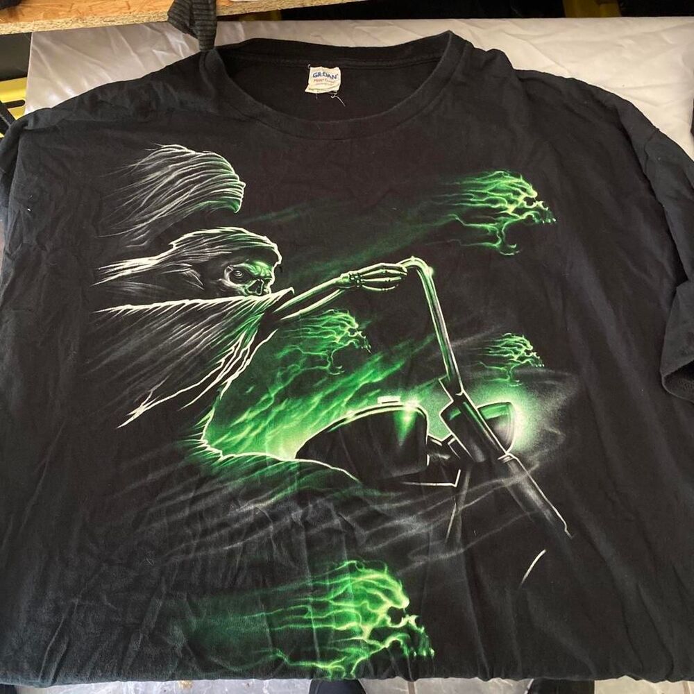 Black and Green Motorcycle Reaper Graphic T-Shirt